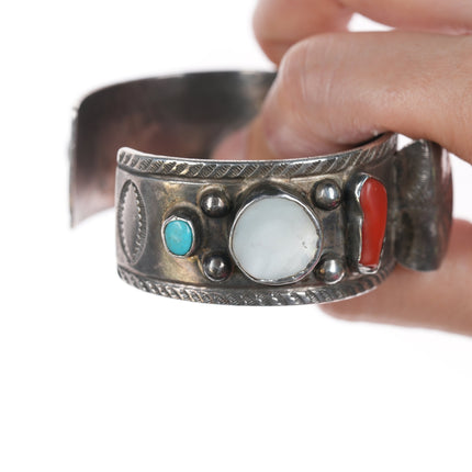 6 7/8" Vintage Native American , Silver, turquoise, coral, and shell watch cuff