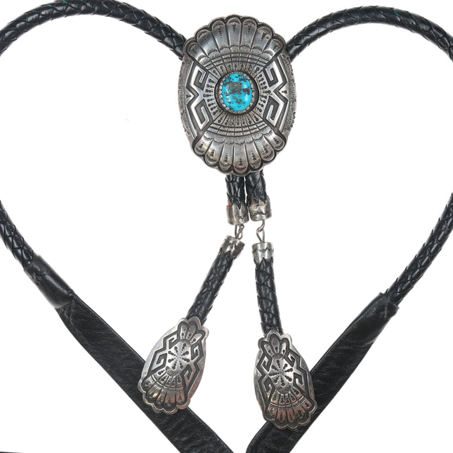 Large Navajo Silver Overlay style bolo tie with turquoise