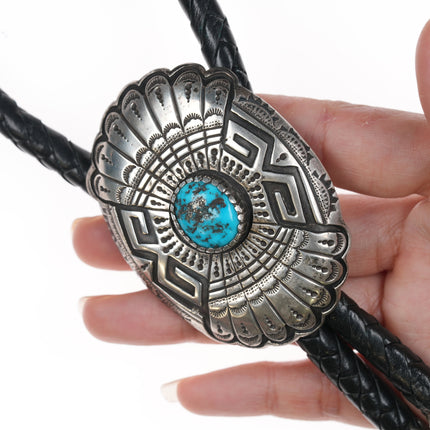 Large Navajo Silver Overlay style bolo tie with turquoise
