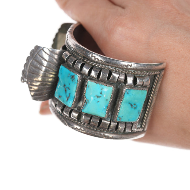 6.75" Large Navajo silver and turquoise watch cuff bracelet