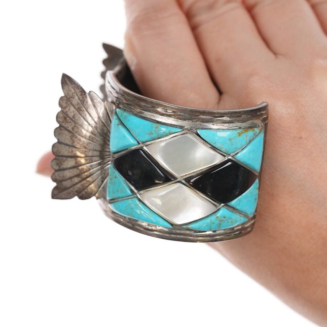 7" Vintage Native American sterling multi-stone inlay watch cuff bracelet