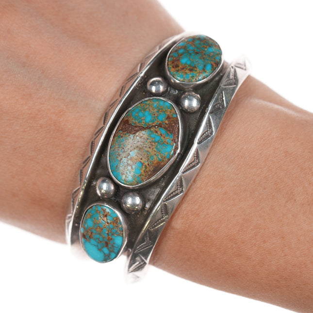 6.25" c1940's 3 Stone Navajo stamped silver cuff bracelet