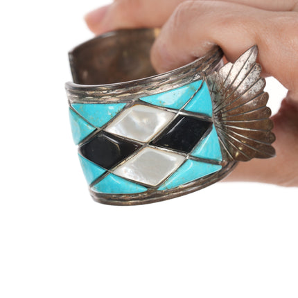 7" Vintage Native American sterling multi-stone inlay watch cuff bracelet
