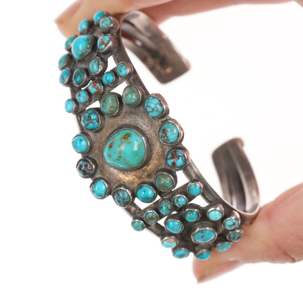 6 3/8" 30's-40's Navajo stamped silver turquoise cluster cuff bracelet