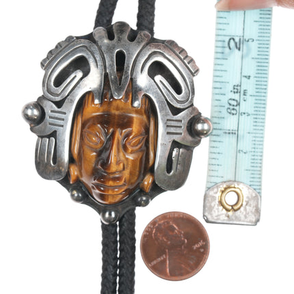 Large Vintage Taxco Sterling carved cat's eye Pre-columbian-modernist style bolo tie