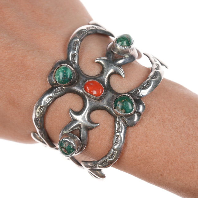 6.5" Vintage Navajo stamped cast silver coral and turquoise cuff bracelet.