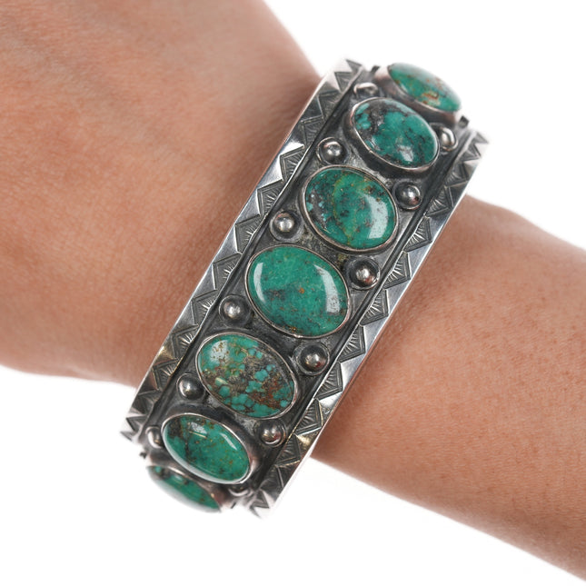 7" Harry Morgan (1947-2008) Navajo Sterling Emerald Valley turquoise row cuff bracelet
