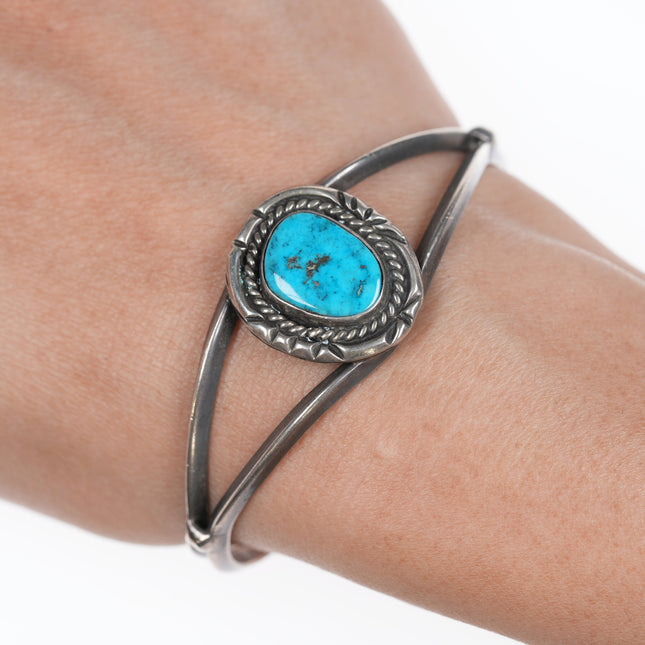 6.25" Navajo silver rope edge bezel turquoise cuff bracelet.