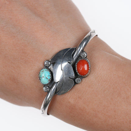 6" AE Native American Silver, turquoise, and coral cuff bracelet