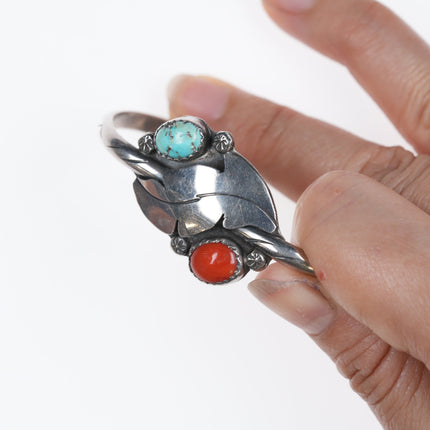 6" AE Native American Silver, turquoise, and coral cuff bracelet