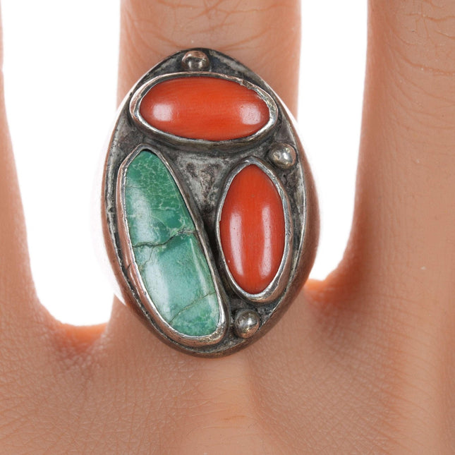 sz10 Heavy vintage Navajo sterling, turquoise and coral ring