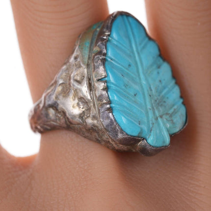 sz8 Zuni Carved turquoise silver leaf ring