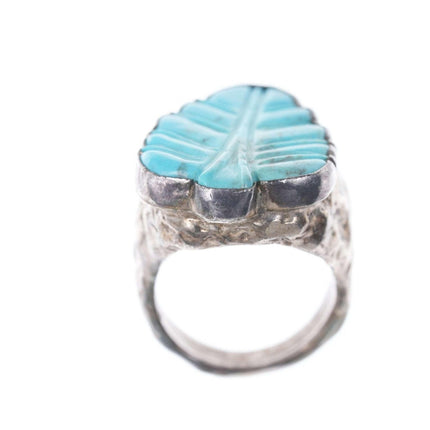 sz8 Zuni Carved turquoise silver leaf ring