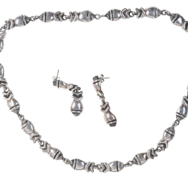 Schwere mexikanische Sterling-Fisch-Halskette und Ohrringe im Retro-Stil