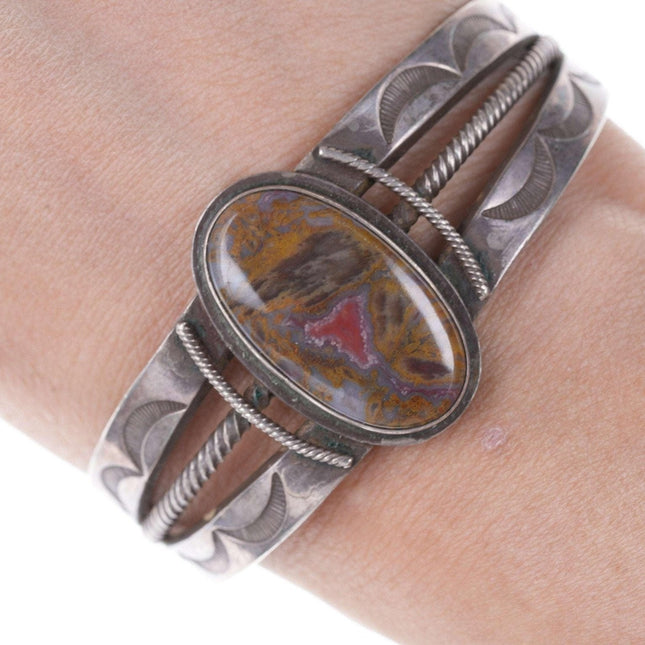 c1930's Navajo Petrified wood heavy stamped Silver cuff bracelet