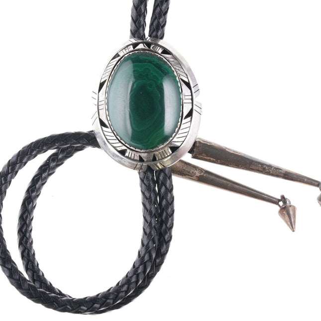 Vintage Sandy Sangster "Two Feathers" Navajo Sterling and malachite bolo tie