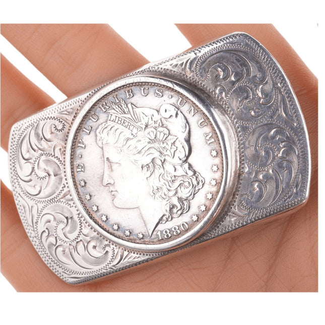 c1950 Hand engraved sterling buckle with 1880s Silver dollar