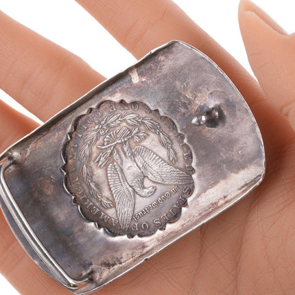 c1950 Hand engraved sterling buckle with 1880s Silver dollar