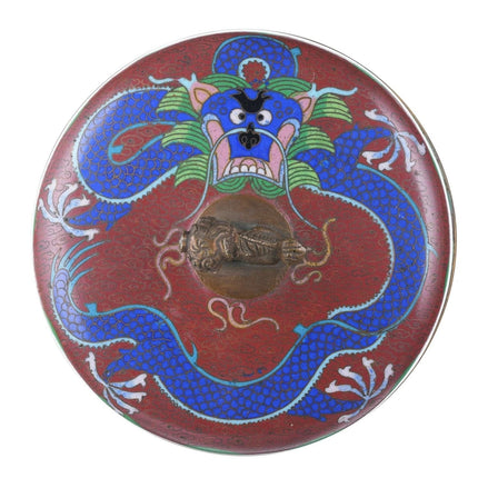 Cloisonné-Humidor aus der Zeit der Chinesischen Republik mit Foo-Löwengriff aus Bronze