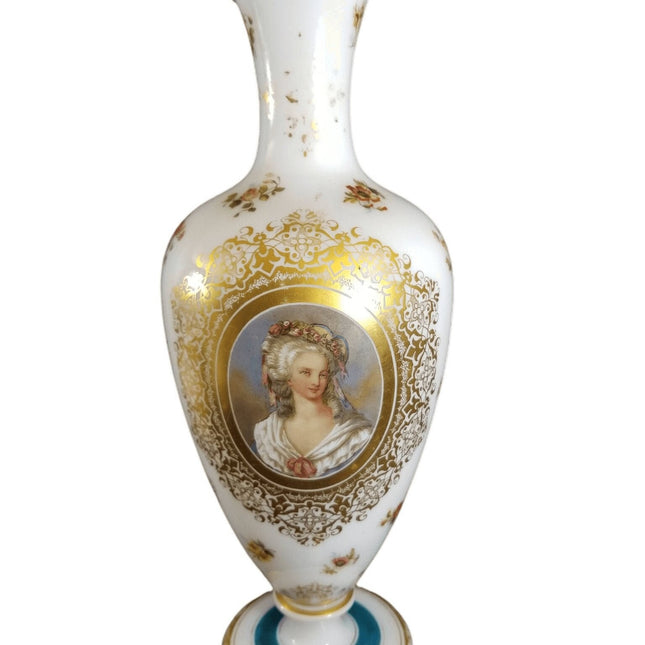 French Opaline Art Glass Portrait Vase 14.25" tall all hand painted C.1870