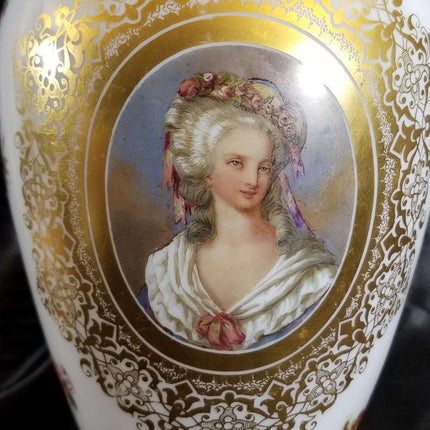 French Opaline Art Glass Portrait Vase 14.25" tall all hand painted C.1870