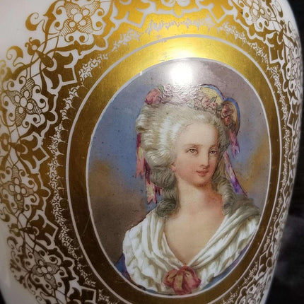 French Opaline Art Glass Portrait Vase 14.25" tall all hand painted C.1870