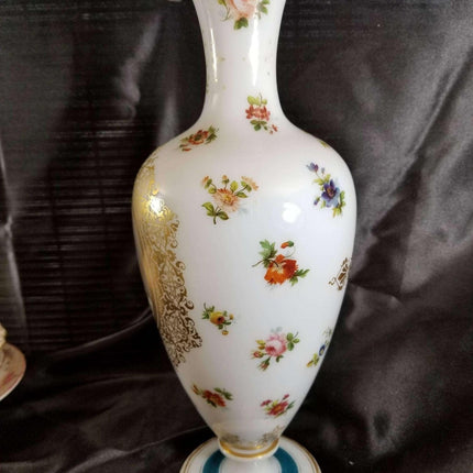 French Opaline Art Glass Portrait Vase 14.25" tall all hand painted C.1870