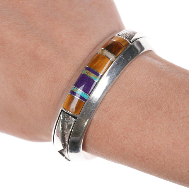 6 1/8" Heavy Silver Cuff Bracelet with Sugilite, Cat's Eye, and turquoise inlay