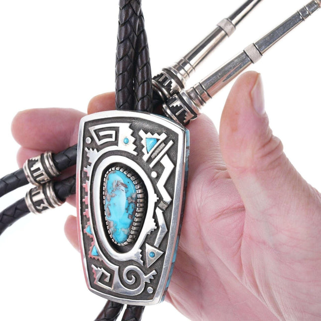 Michael Perry High grade turquoise Sterling tufa cast bolo tie