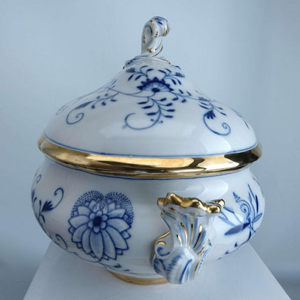 Large Antique Meissen Onion Soup Tureen with gold trim