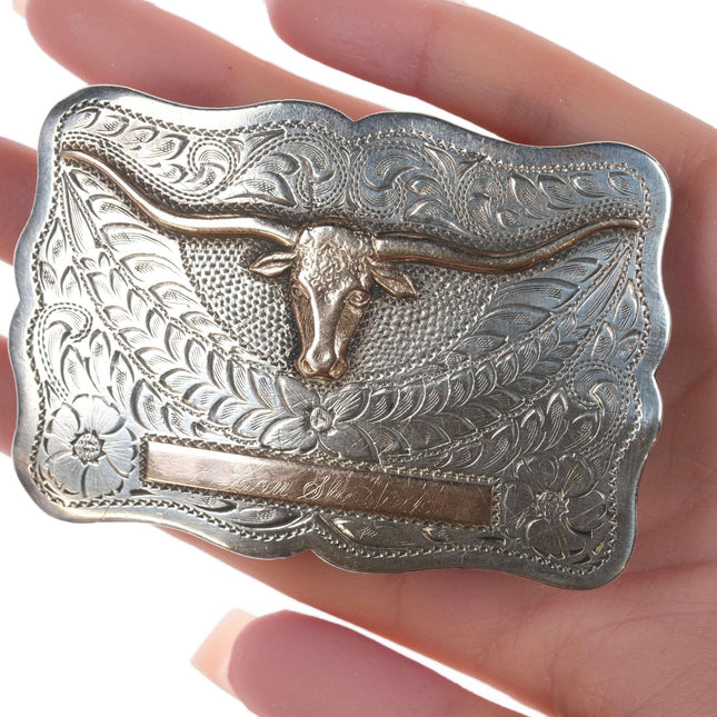 Solid 10k gold on Hand Engraved Sterling San Joaquin Mfg co Longhorn belt buckle