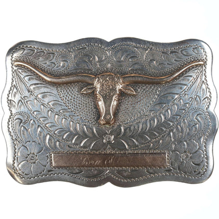 Solid 10k gold on Hand Engraved Sterling San Joaquin Mfg co Longhorn belt buckle