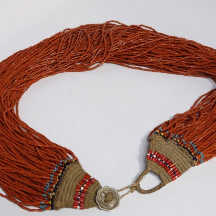 1960's Tribal India Coral and Hemp Beaded Multistrand Necklace with 1963 Coin Cl