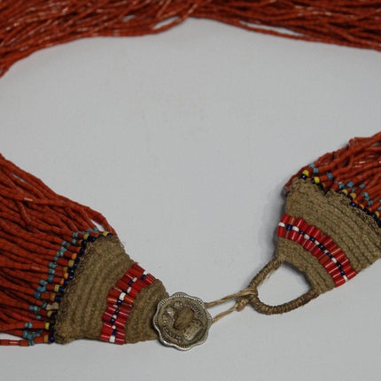 1960's Tribal India Coral and Hemp Beaded Multistrand Necklace with 1963 Coin Cl