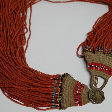 1960's Tribal India Coral and Hemp Beaded Multistrand Necklace with 1963 Coin Cl