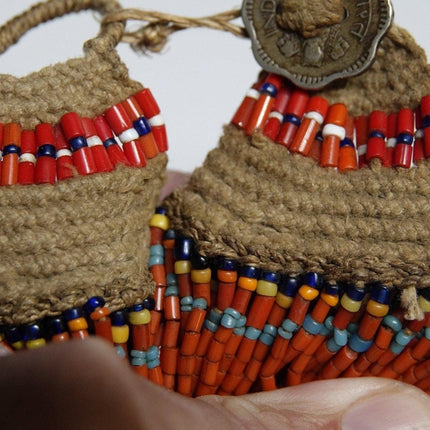 1960's Tribal India Coral and Hemp Beaded Multistrand Necklace with 1963 Coin Cl