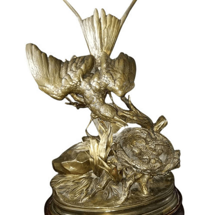 Jules Moigniez Bronze (1835–1894), Vogelfütternde Küken-Skulptur, 53,3 x 33 cm