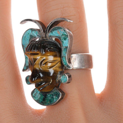 sz9.75 Ring mit geschnitztem Katzenauge im Pepe-Mendoza-Stil aus der Mitte des Jahrhunderts mit Intarsien aus mexikanischem Sterlingsilber