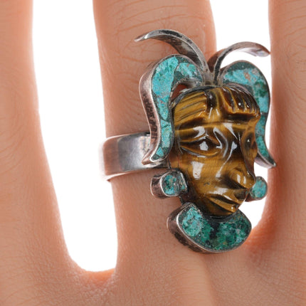 尺寸 9.75 佩佩門多薩風格中世紀墨西哥純銀鑲嵌雕刻貓眼戒指