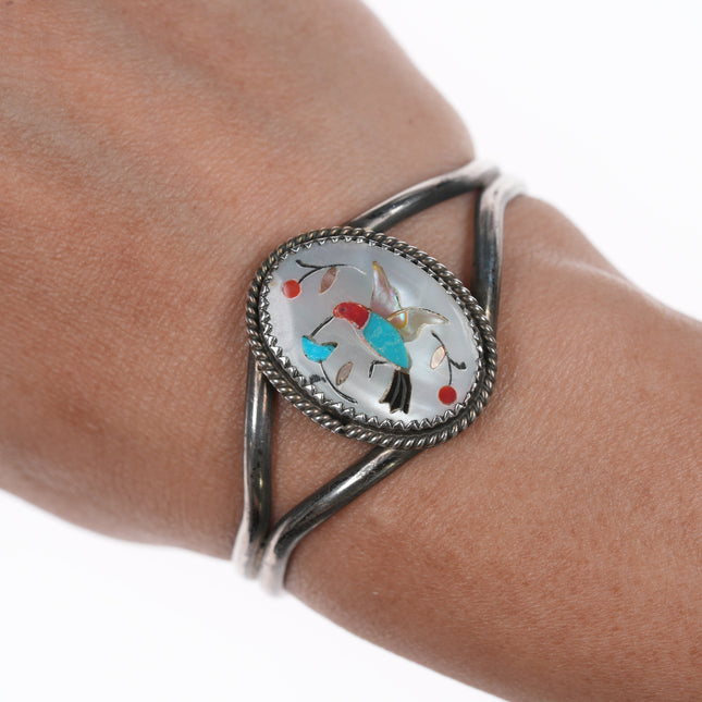 6" Vintage Zuni sterling Hummingbird inlay cuff bracelet