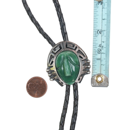 41" c1960's Mexican Sterling and carved stone Aztec style bolo tie