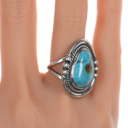 sz7 Vintage Native American silver ring with turquoise and rope edge