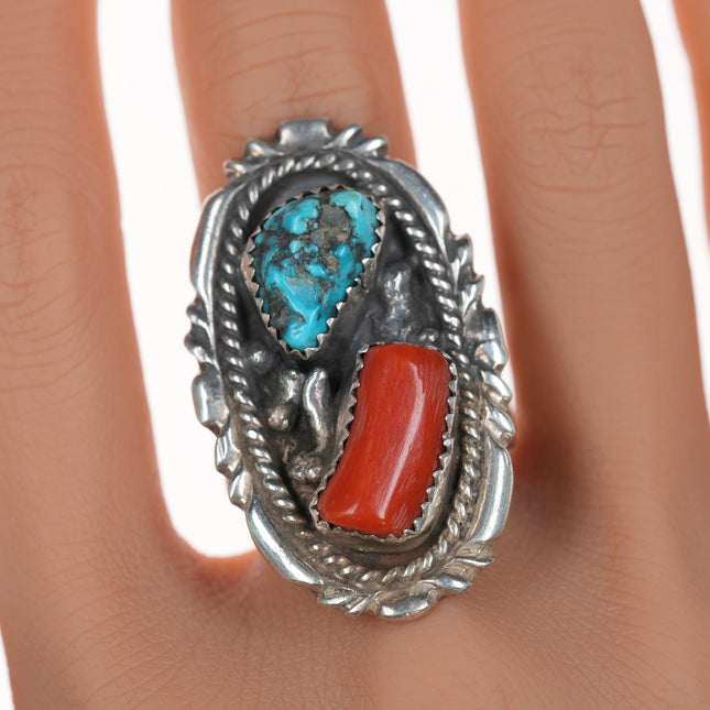 sz10.5 Large Vintage Native American silver turquoise and coral ring