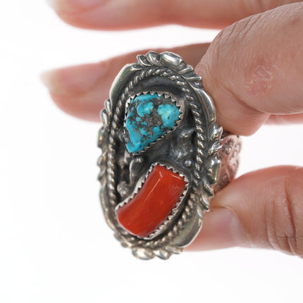 sz10.5 Large Vintage Native American silver turquoise and coral ring