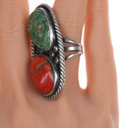 sz6.5 Vintage Native American Cerrillos turquoise and coral ring