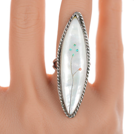 sz6 Long Zuni Inlaid Mother of pearl sterling ring