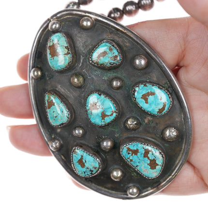 Large Vintage Navajo silver pendant necklace with turquoise