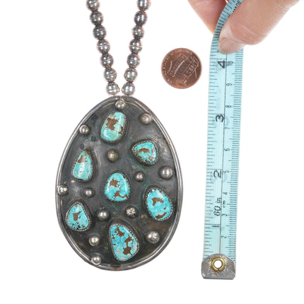 Large Vintage Navajo silver pendant necklace with turquoise