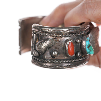 7 1/8" David Garcia Santo Domingo silver, turquoise, and coral watch cuff bracelet