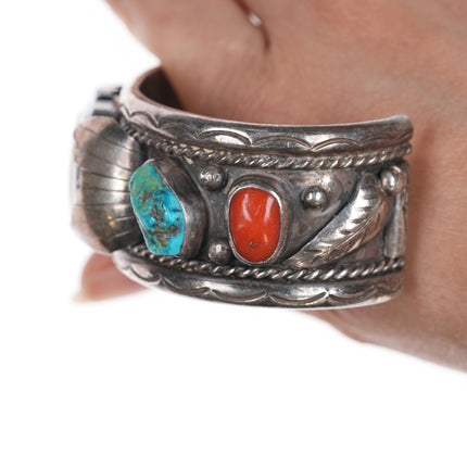 7 1/8" David Garcia Santo Domingo silver, turquoise, and coral watch cuff bracelet